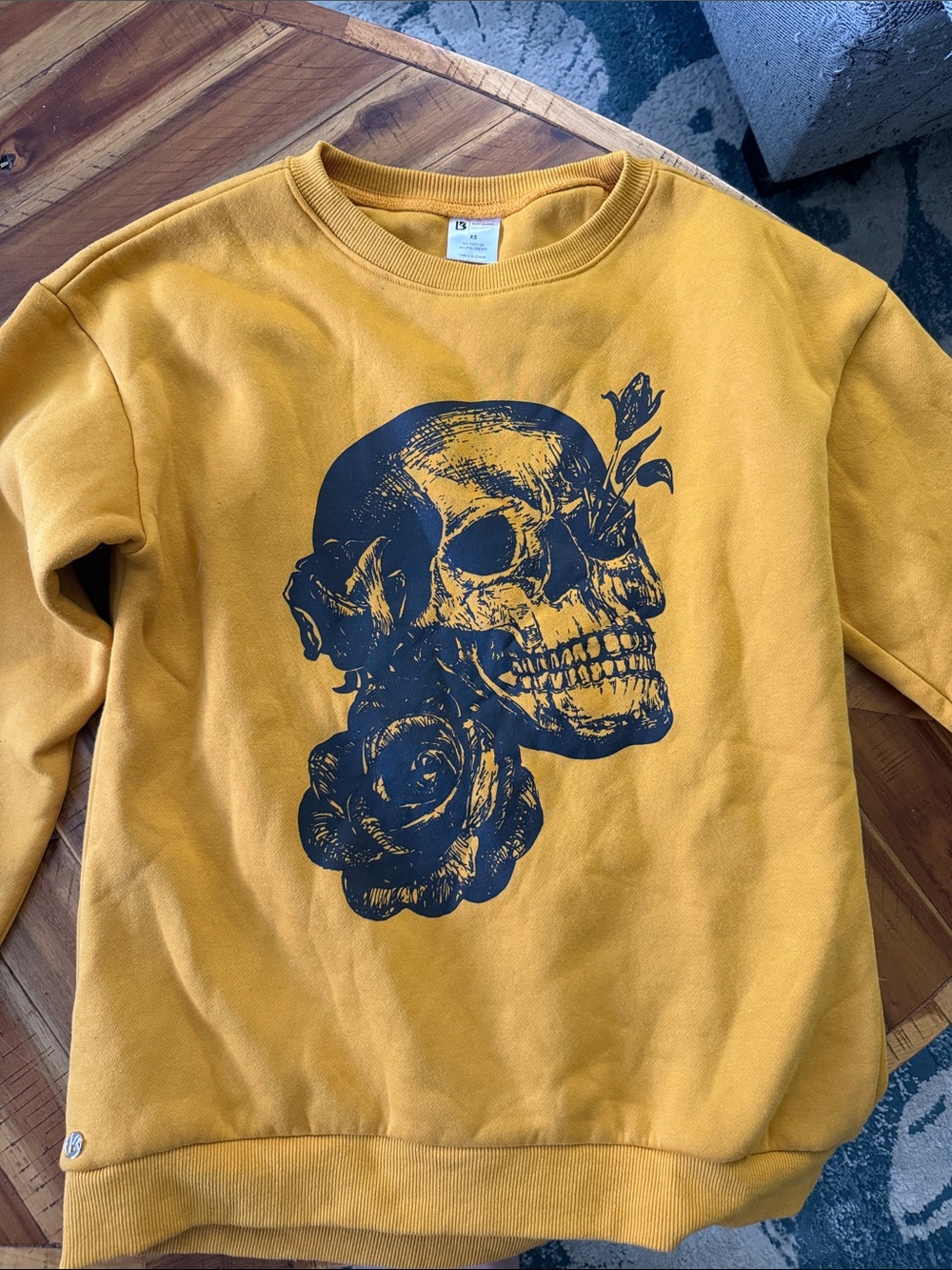 BuffBunny Collection Mustard Yellow Crewneck with Black Skull & Rose Graphic
